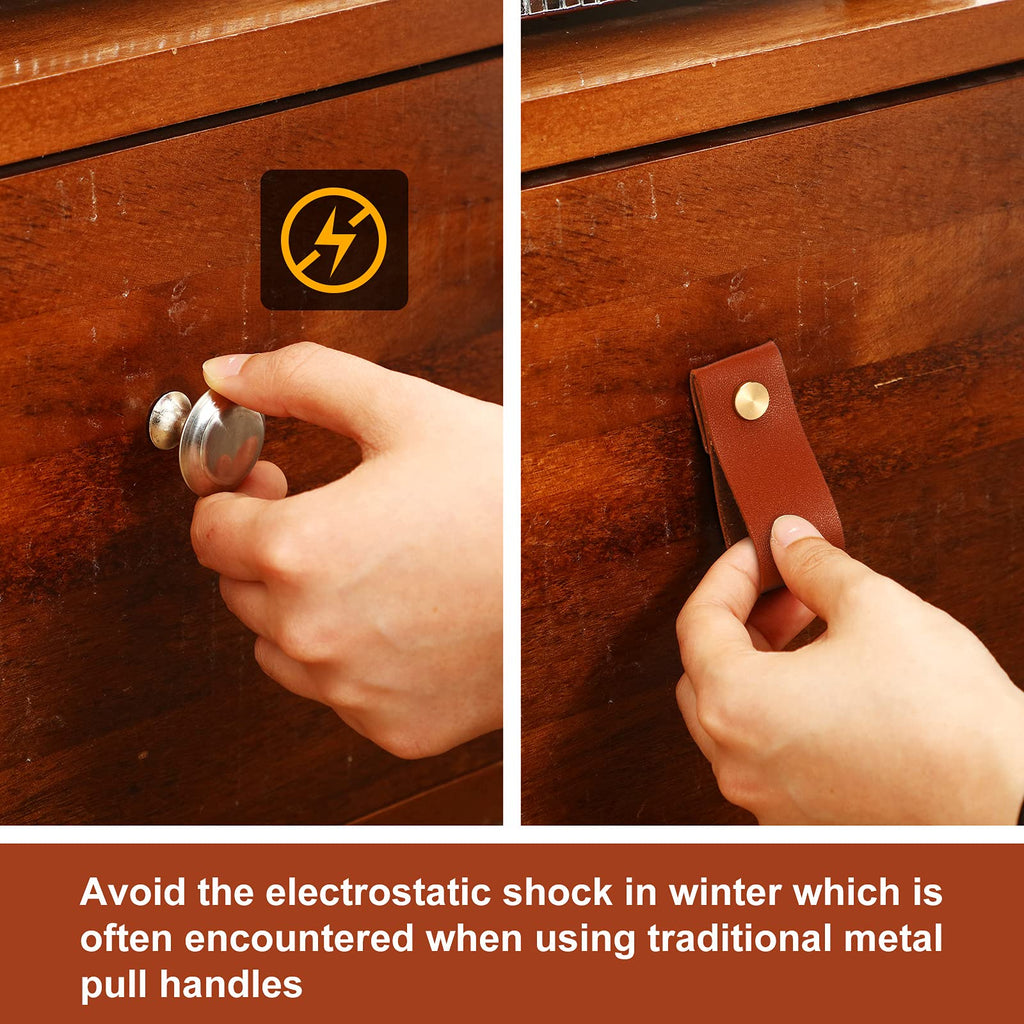24 Pack Leather Drawer Pulls, Cabinet Handle with Screws, Gold,Brown