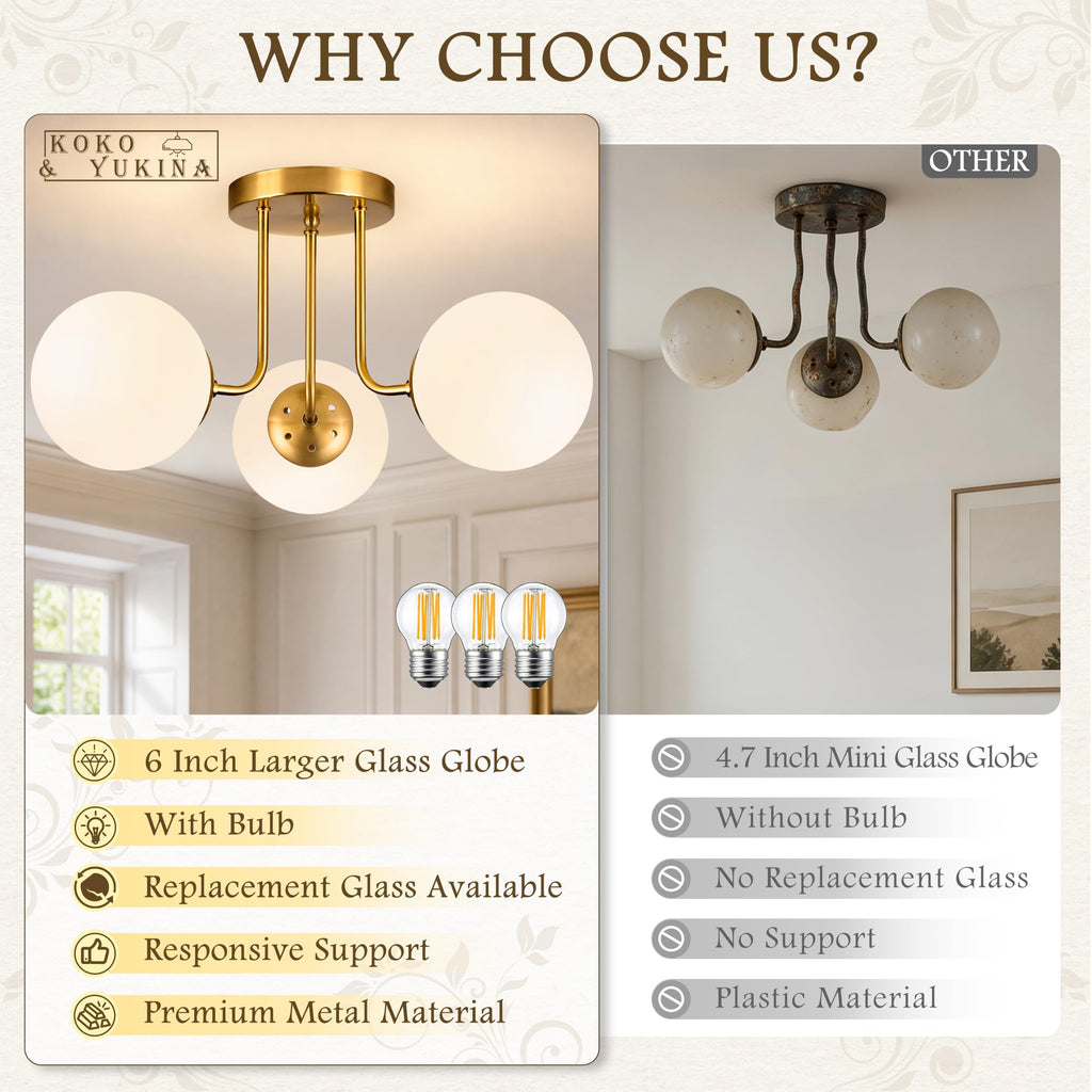 3-Light Semi Flush Mount Ceiling Light Globe Ceiling Light Mid Century Ceiling Light with Opal Milk Glass Globe &
