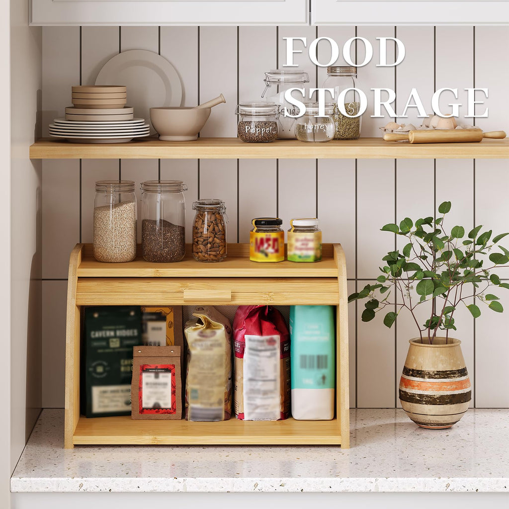 Countertop, Bamboo Bread Storage, Double-Layer Roll-Top Bread Container, Farmhouse Bread Holder made Bread (Natural