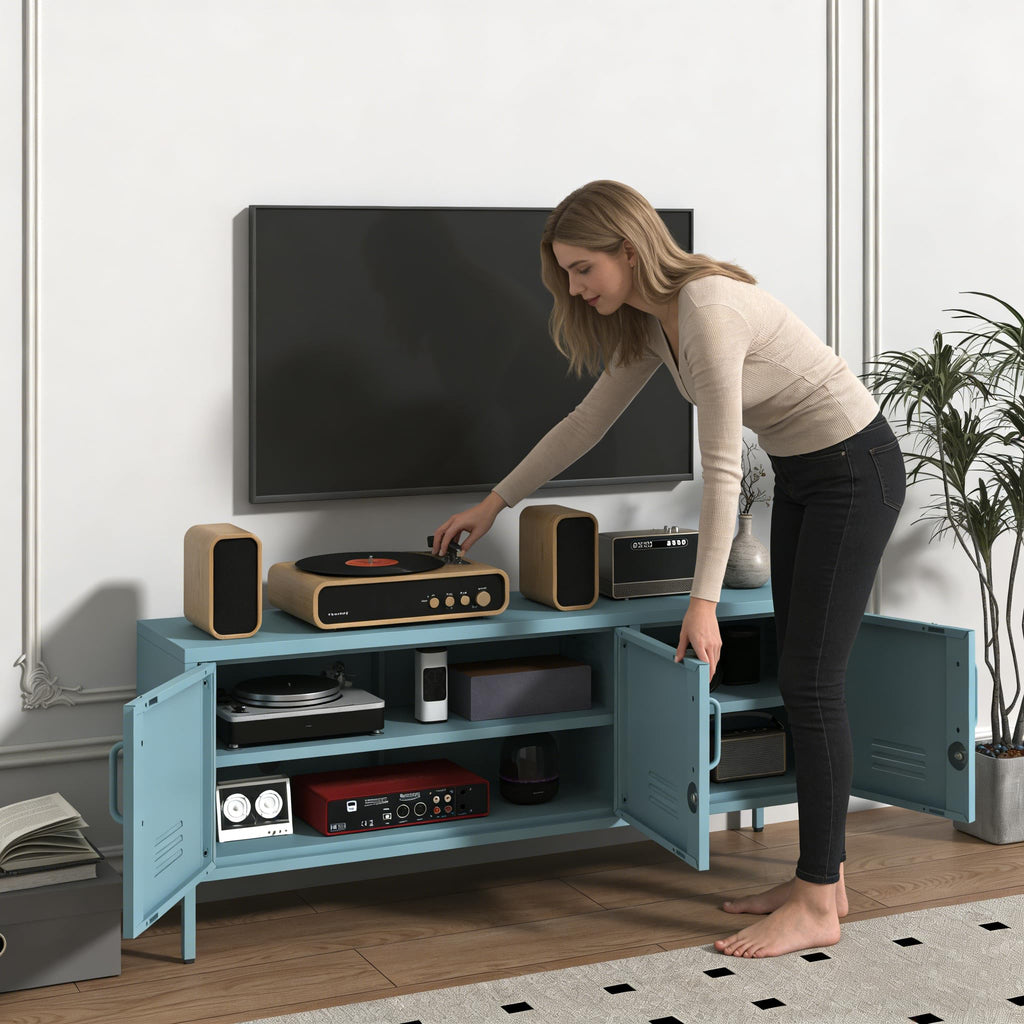 Blue 3-Door Lockable Metal TV Stand Storage Cabinet with Storage Locker, Wide Heavy-Duty Multipurpose Media Console