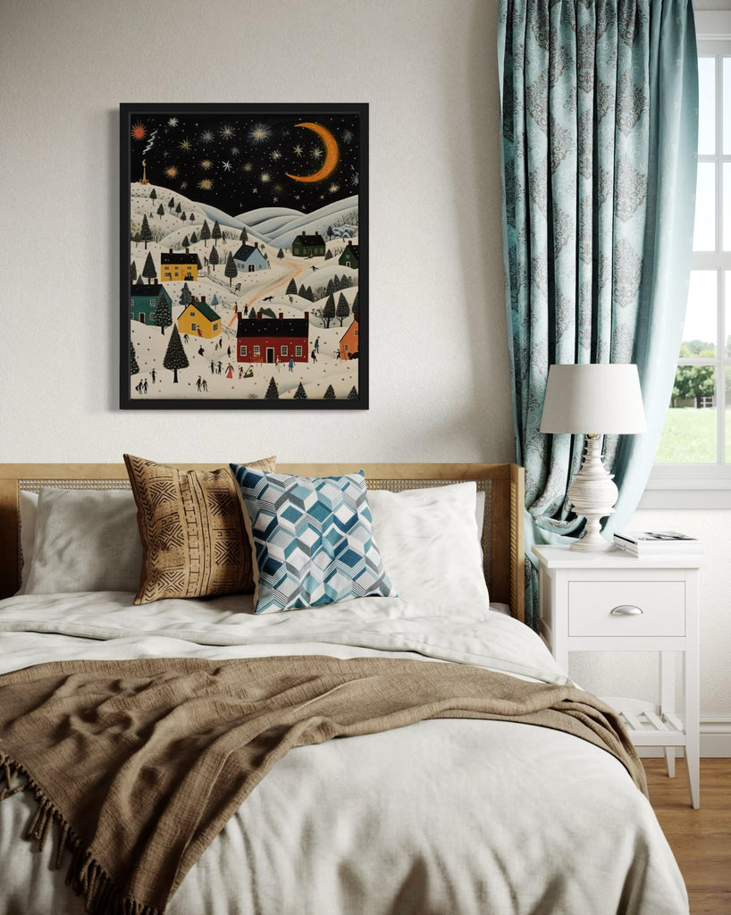 Starry Night Black Framed Wall Art Poster Print, Scenery Landscape American Folk Art, Naive Painting Decor Gallery 31