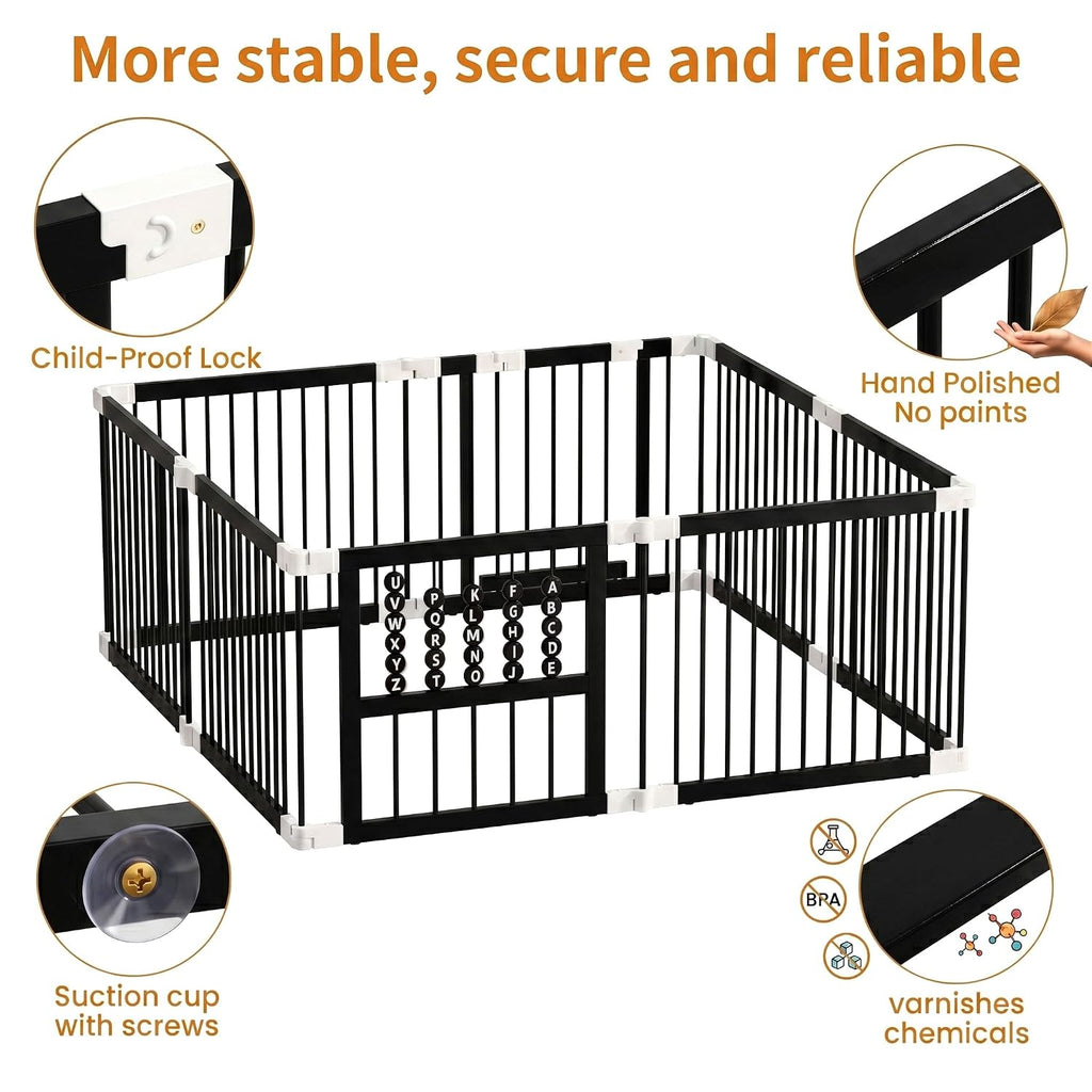 Bamboo Baby Playpen 64x64x26-8 Panel Adjustable Multi-Shape Large Play Yard for Toddlers with Locking Gate