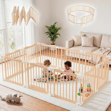 Foldable Wooden Playpen, Natural, 79 x 53 x 24 inches | Adjustable Wood Baby Play Yard with Door, Indoor Large Safety