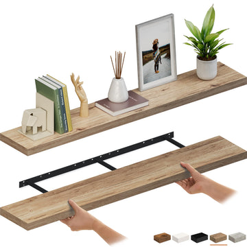 Floating Shelves for Wall, 60" Wood Wall Shelf Set of 2, with Invisible Brackets, 8" Deep, Oak Finish