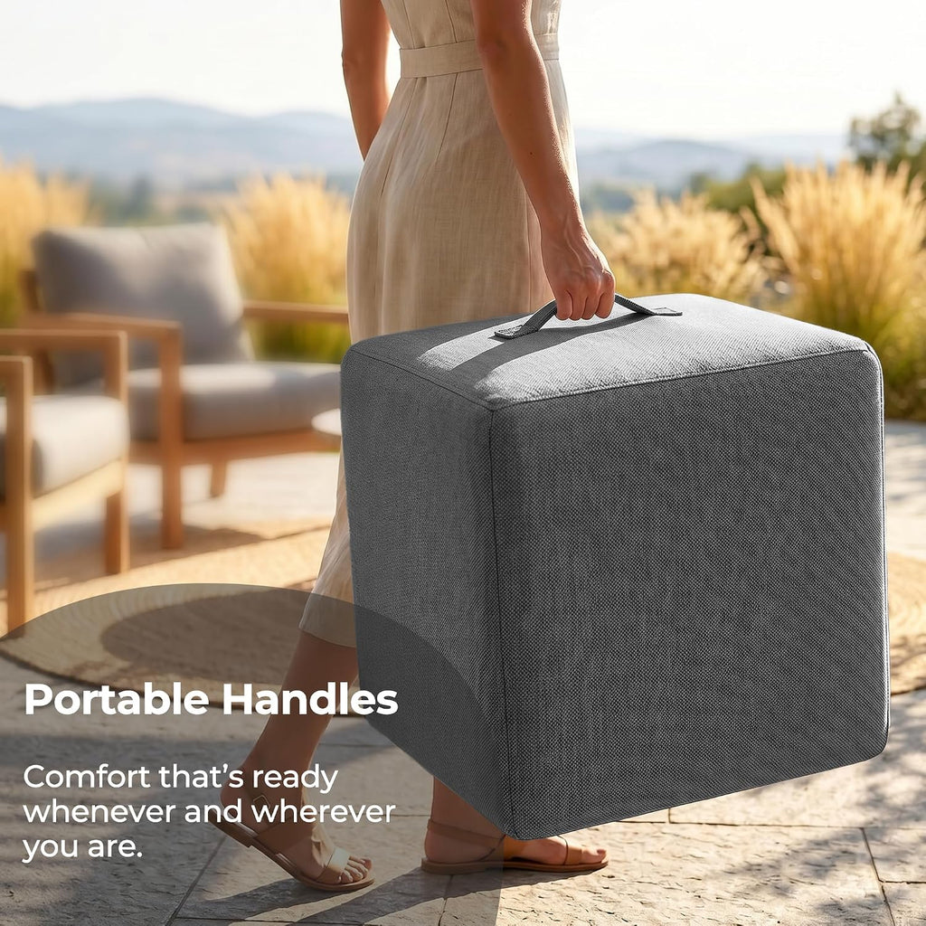 Square Outdoor Ottoman Pouf, 24" Waterproof Patio Foot Rest, Dark Gray | Ottoman Foot Rest, Comfy Footstool, Boneless