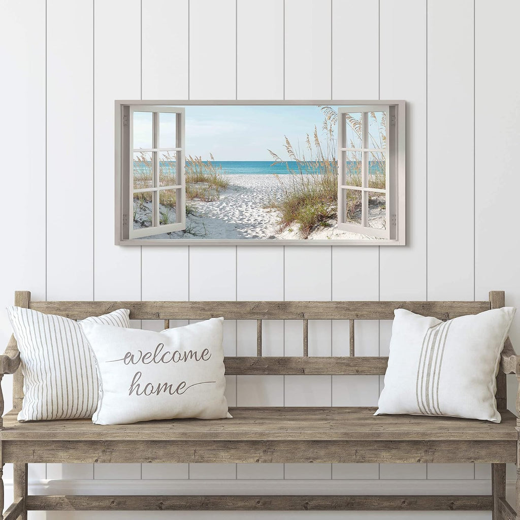 Window Beach Wall Art Prints: Modern Large Tropical Coastal Landscape Canvas Bedroom Blue Ocean Picture Relaxing