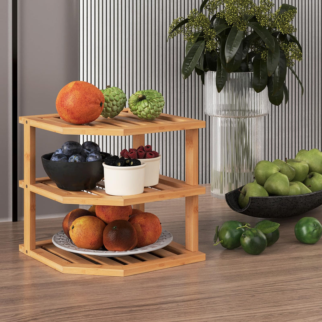 3 Tier Bamboo Dish Drying Rack, Corner Shelf 4 Pack(Natural)