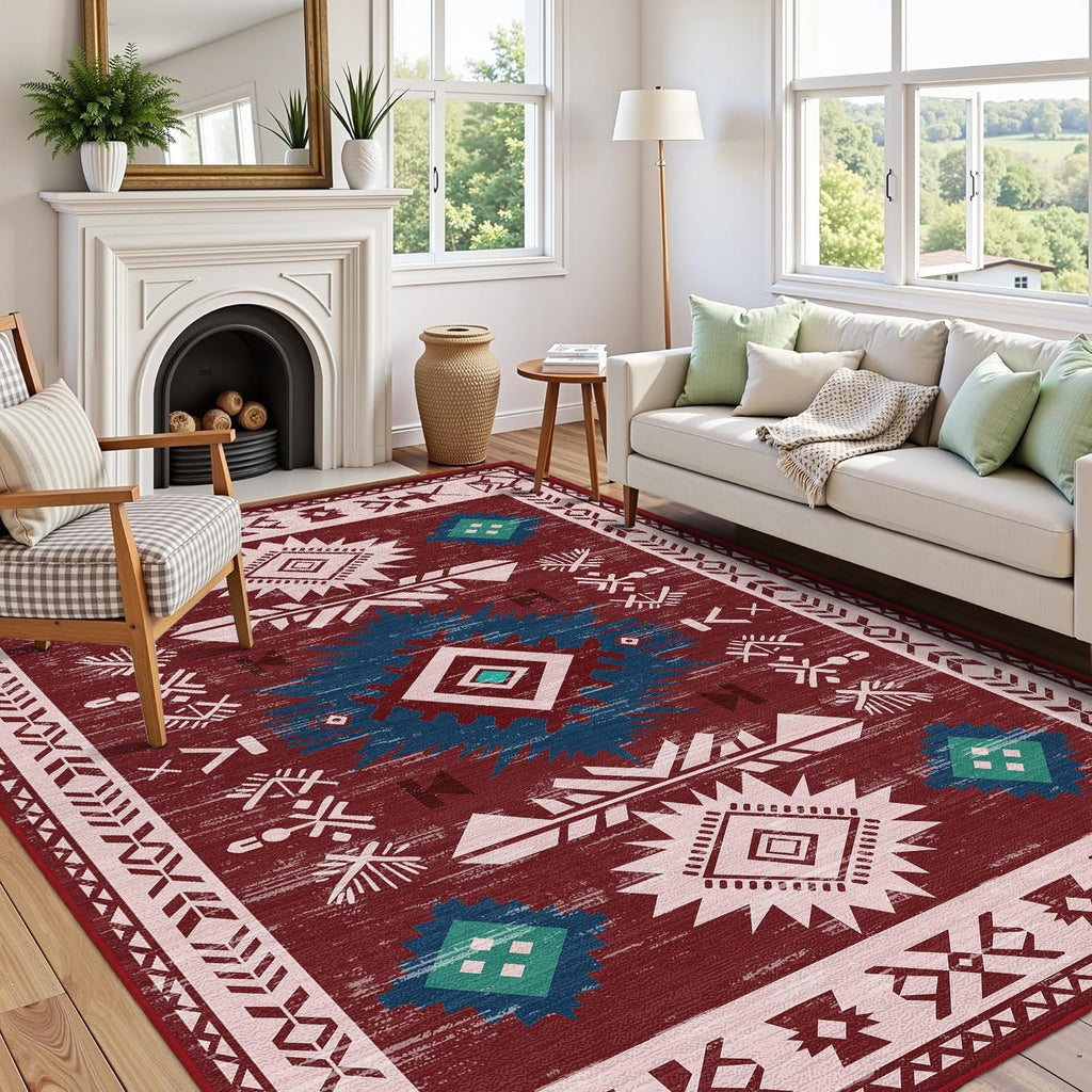 Western Rugs Non Slip, Southwestern Area Rugs Kitchen Bedroom Nursery, Washable Rubber Backing, Aztec Red