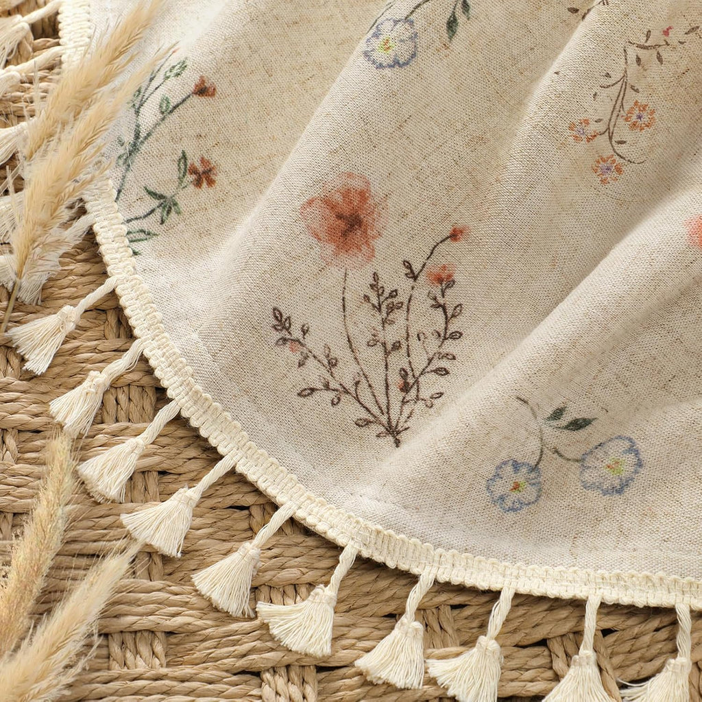 Floral Farmhouse Vintage Linen Shower Curtain, French Country Spring Shower Curtains with Tassels, 72Wx72H