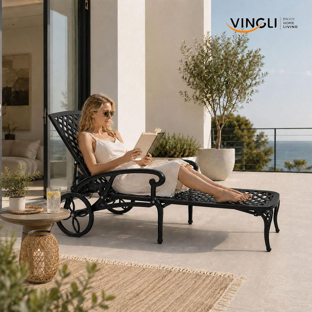 Cast Aluminum Outdoor Chaise Lounge Chair with Wheels, Patio Chaise Lounges with 3-Position Adjustable Backrest, Pool