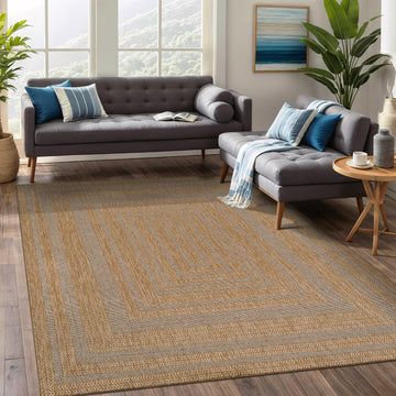 Easy Jute Framed Border Rug 8x10 Washable Durable Indoor Outdoor Area Rugs for Living Dining Room Patio Office Stain