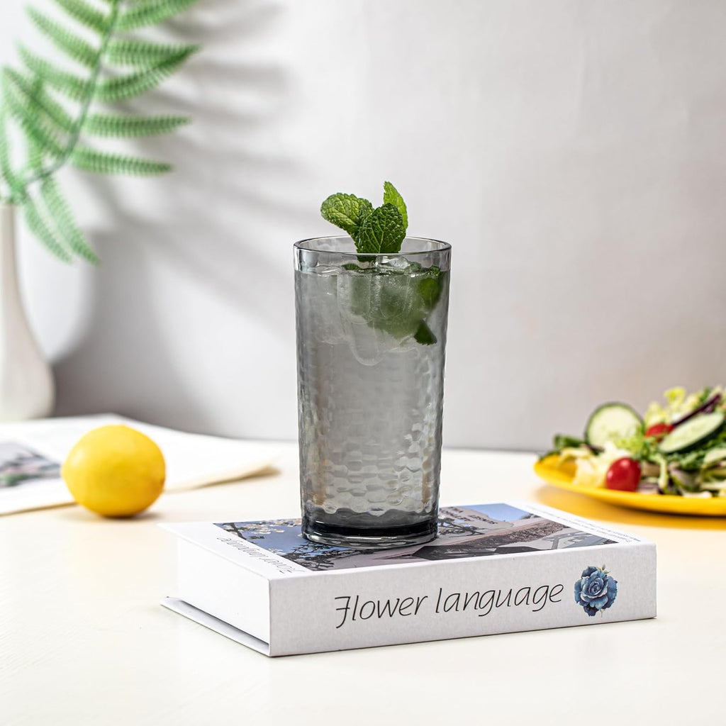 14-ounce and 20-ounce Acrylic Glasses Plastic Tumbler, set of 8 Smoky Grey - Hammered Style, Dishwasher Safe, BPA Free