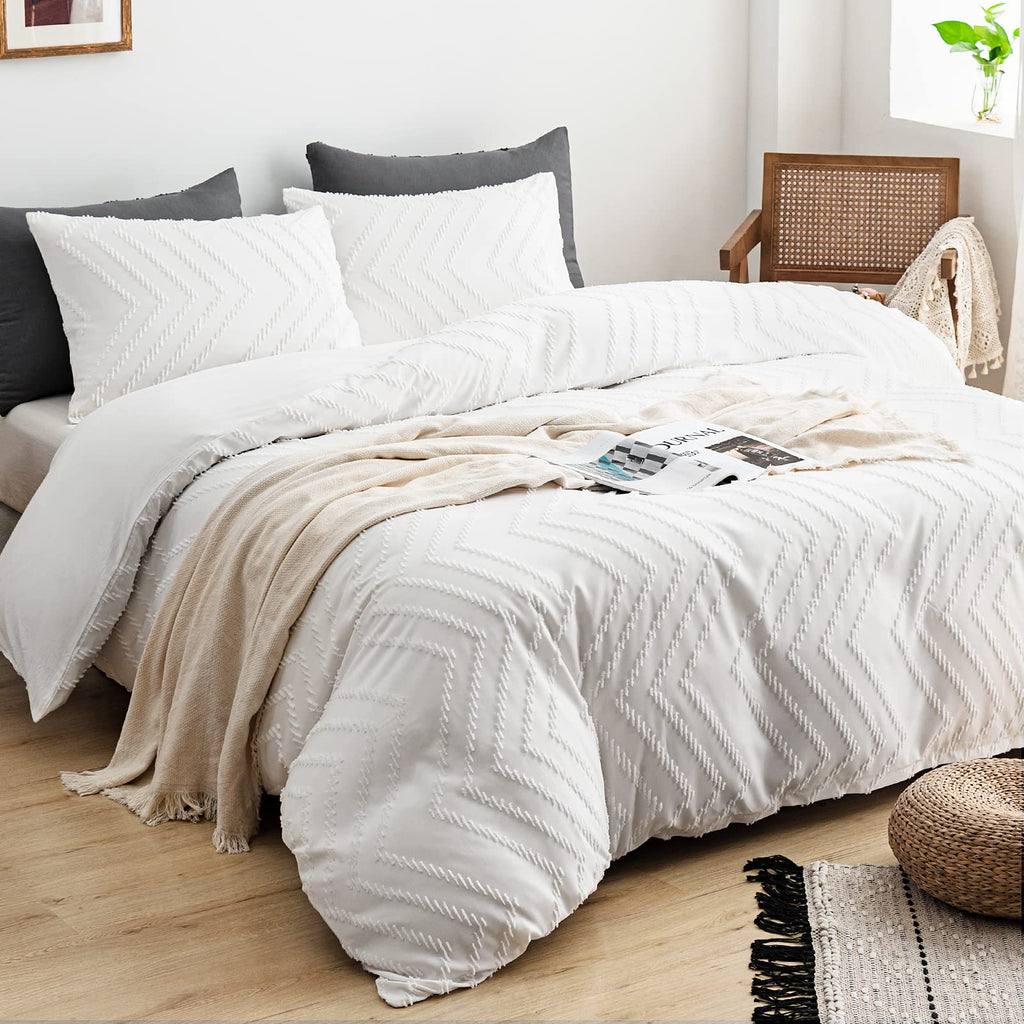 Boho Duvet Cover Queen, Striped Textured White Tufted Bedding Set