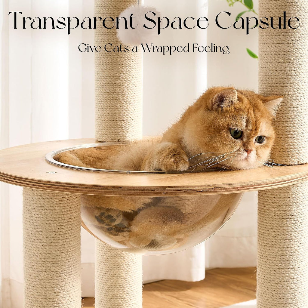 Modern Solid Wood Cat Tree Tower, 49" Tall Cat Tree with Sisal Scratching Posts for Adult Cats, Luxury Natural Oak