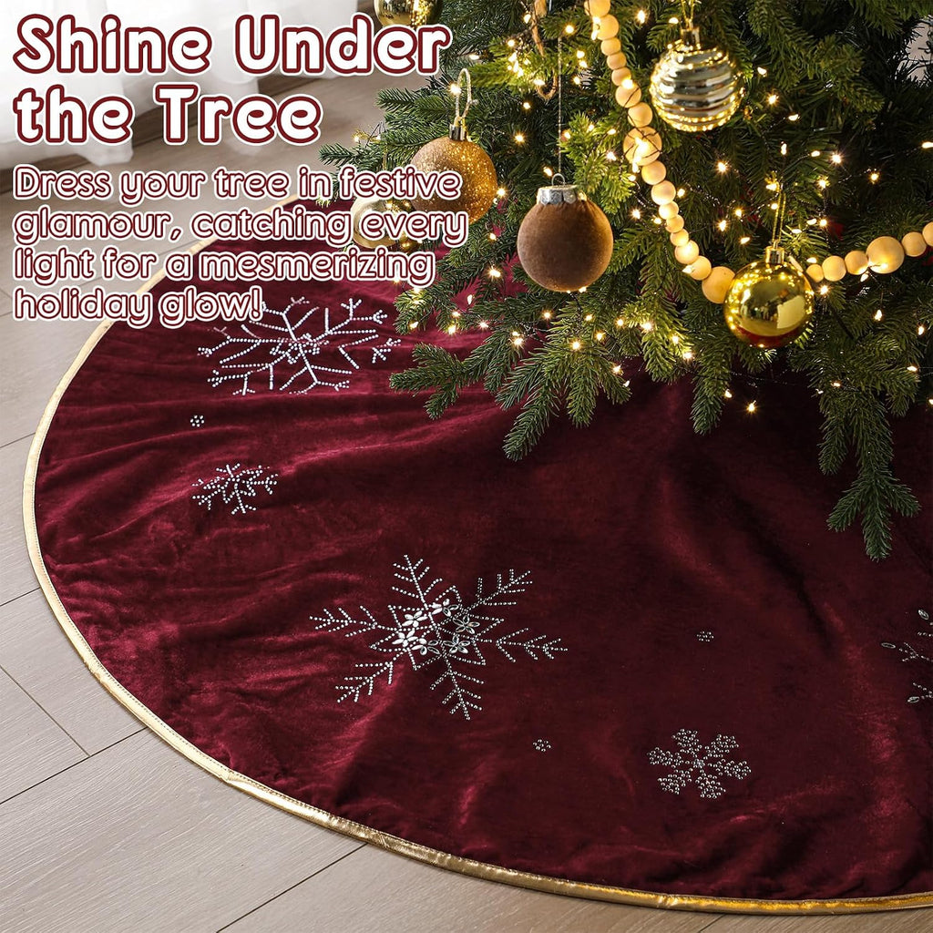 Burgundy Velvet Tree Skirt 60 Inch, Gold Snowflake Rhinestone
