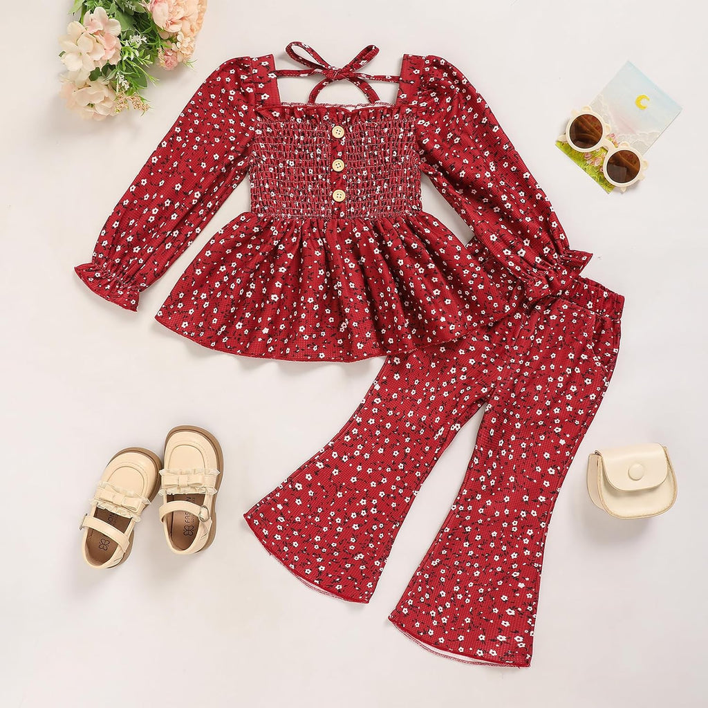 Toddler Girl Outfits Smocked Peplum Top with Kick Flare Pants