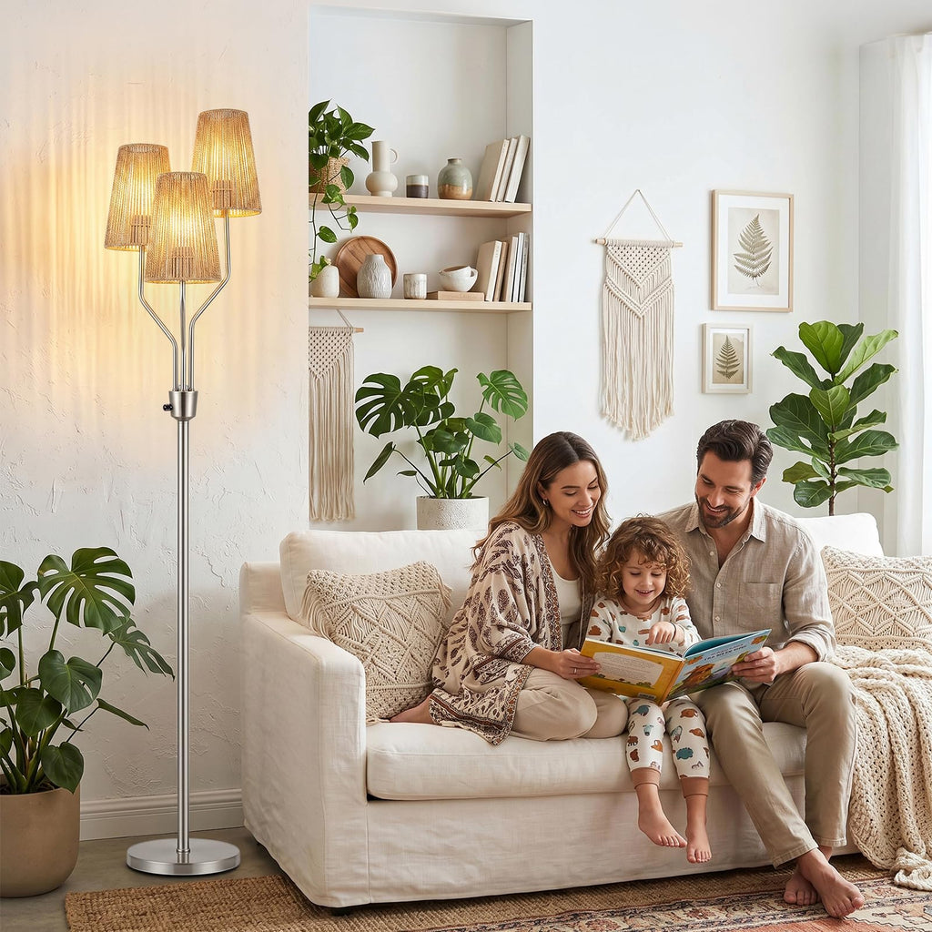 Boho Floor Lamp, Farmhouse Rattan 3-Light Floor Lamp
