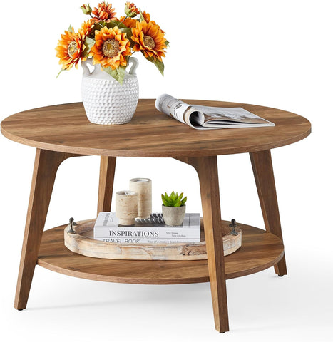 MAEZO Collection - Round Coffee Table, 2-Tier Center Table with Storage, Tapered Legs, Curved Transitions