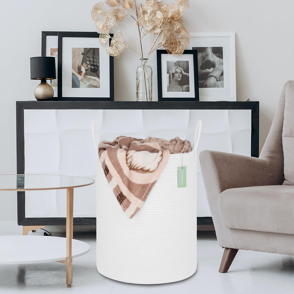 Large Cotton Rope Laundry Hamper for Girls Boys Kids 65L, White