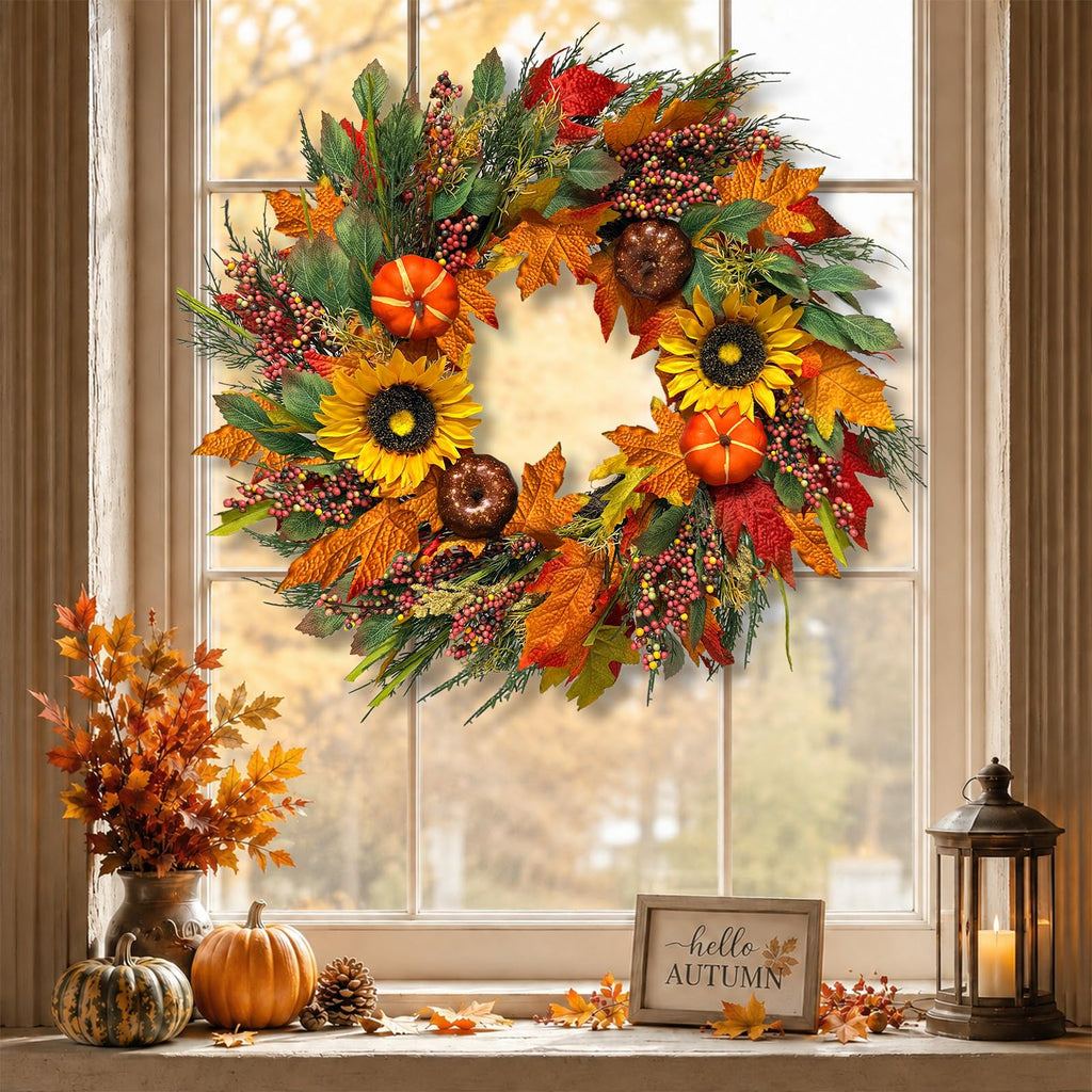 24Inch Lighted Fall Wreaths for Front Door with Timer, Fall Door Wreath
