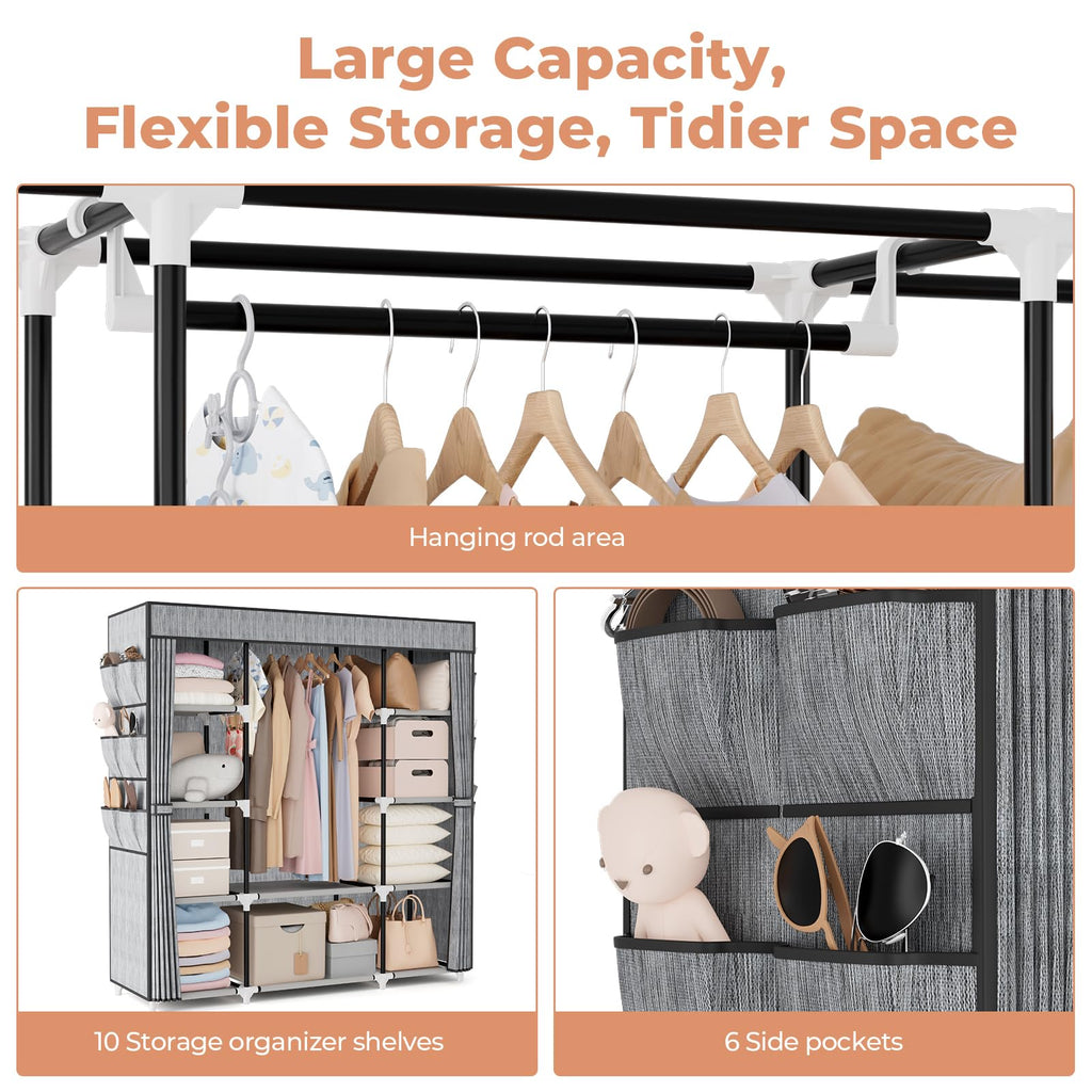 Portable Closet Wardrobe for Hanging Clothes 57.3 Inch Large Capacity Clothes Rack with Cover, 10 Storage Organizer