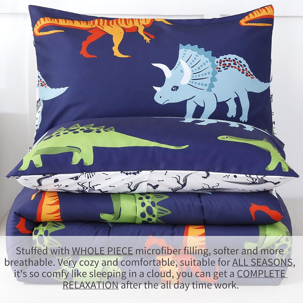 Cartoon Dinosaur Comforter Set, Dark Blue Dinosaur Kids Bedding Set for Boys, Dinosaurs Print Comforter Sets for Kids/Toddlers/Teens (Dinosaur,Full)