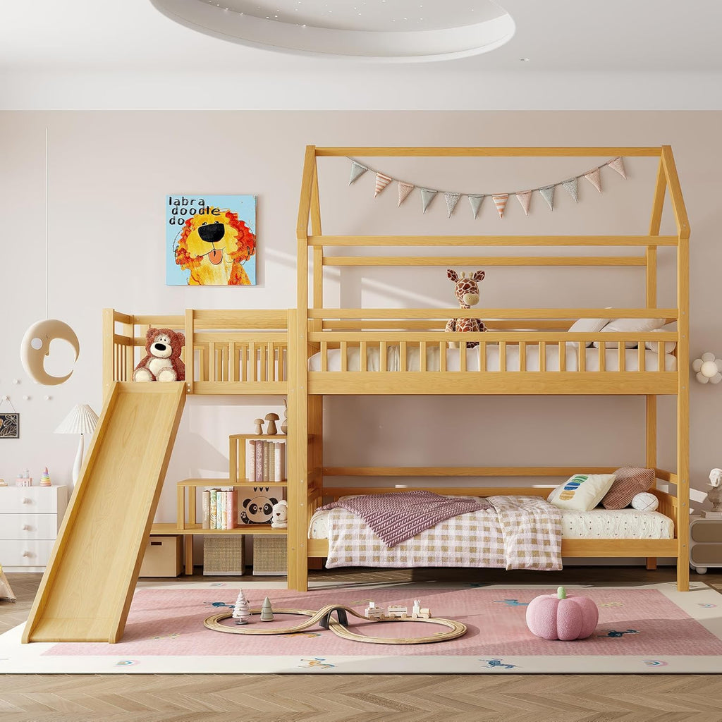Twin over Twin Bunk Bed with Playhouse Design Roof, House Bunk Beds with Storage Stairs & Slide, Wood Bunkbed for Kids