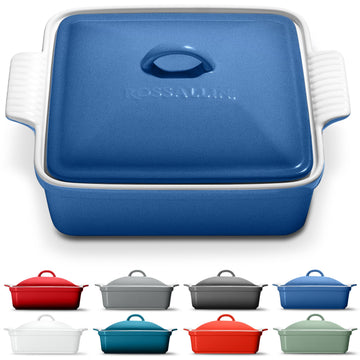 Square Stoneware Casserole Dish with Lid, 2.5 Qt, Reactive Blue