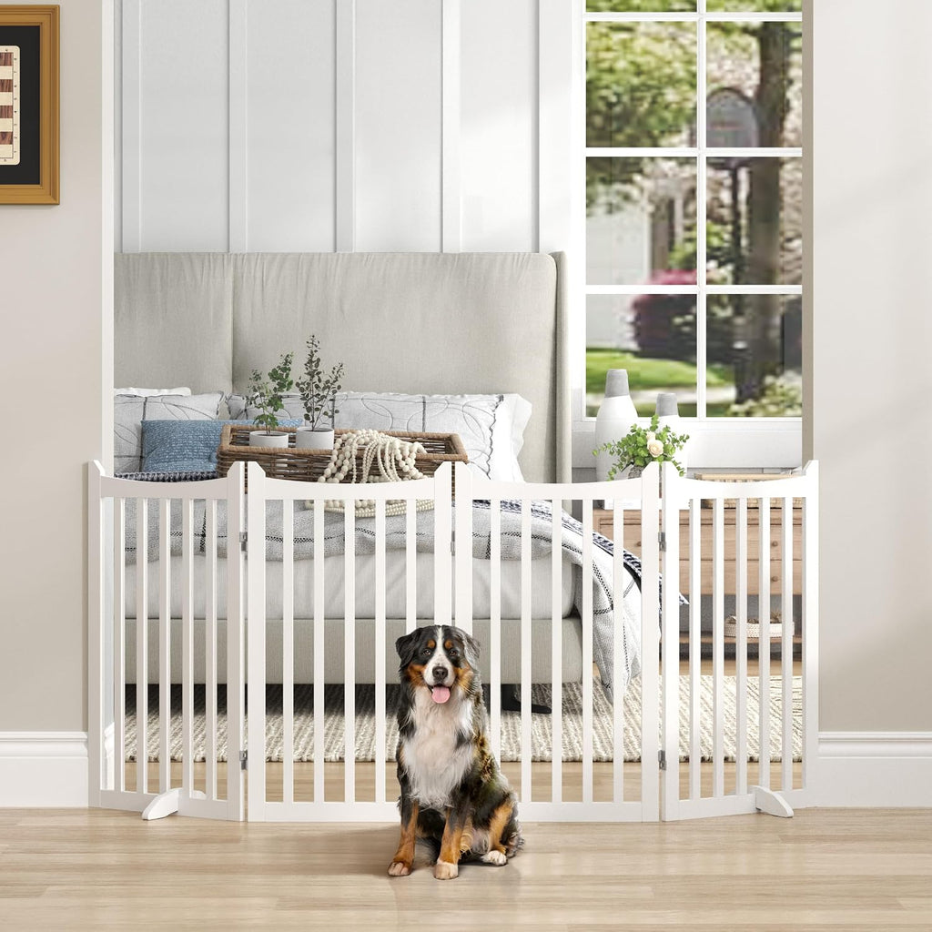 Freestanding Wooden Dog Gate, 36in H 4-Panel Pet Barrier