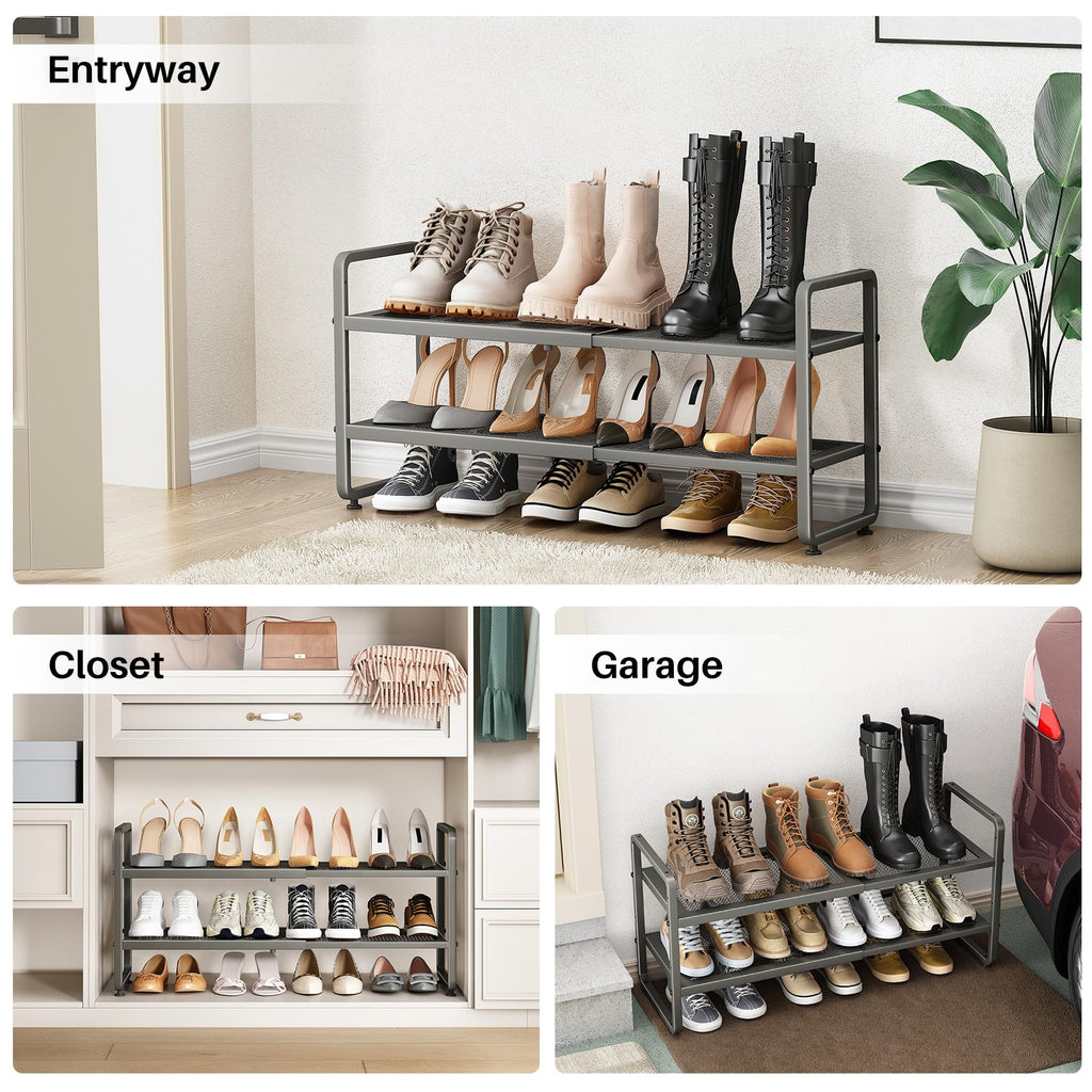 Expandable Metal Shoe Rack for Closet, Entryway & Garage, 2-Tier, Grey