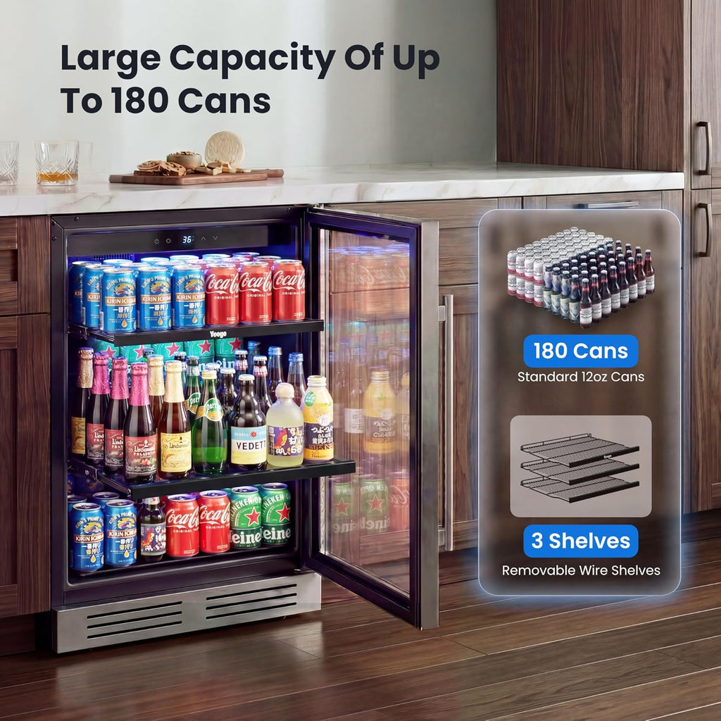 Beverage Refrigerator & Drink Fridge - 24 inch 180 Cans Beer Cooler Glass Door, 