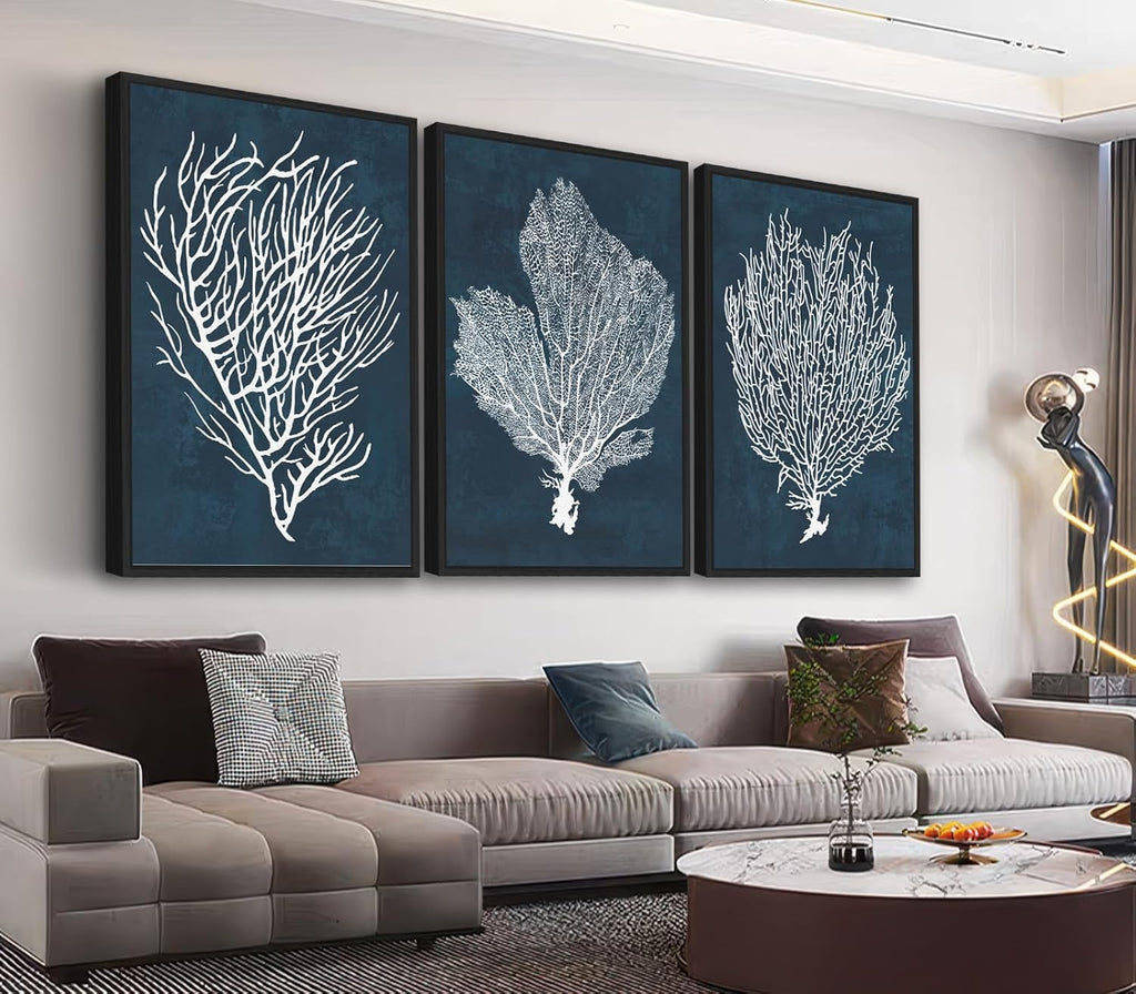 Large Framed Coral Wall Art - Navy Blue Coastal Wall Decor Painting Set of 3 Minimalist Beach Wall Art Prints