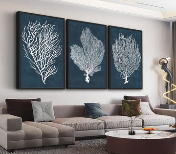Large Framed Coral Wall Art - Navy Blue Coastal Wall Decor Painting Set of 3 Minimalist Beach Wall Art Prints