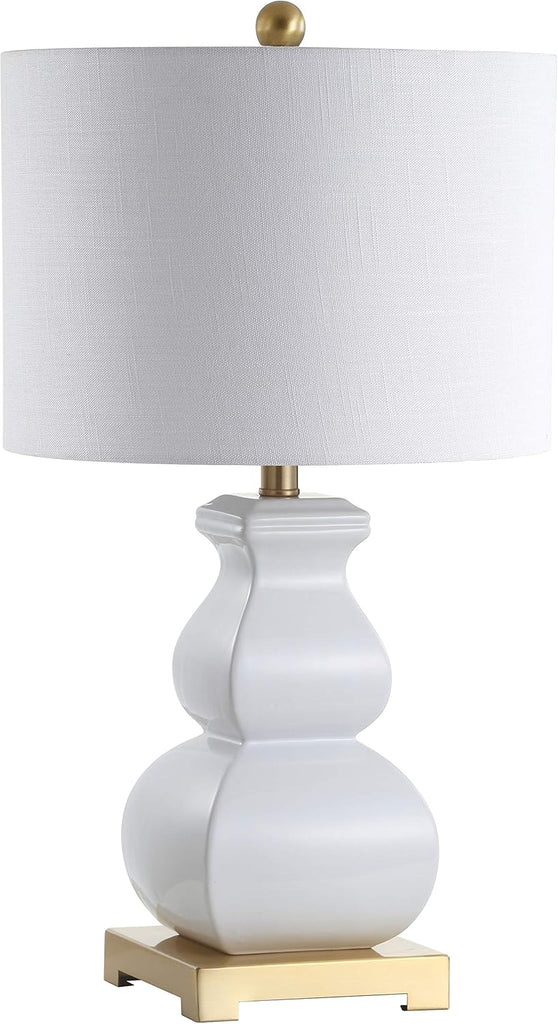 25.5" White/Gold Ceramic Table Lamp Bedroom, White Linen Shade, Modern Footed Vase Bedside Lamp, LED Bulb Included