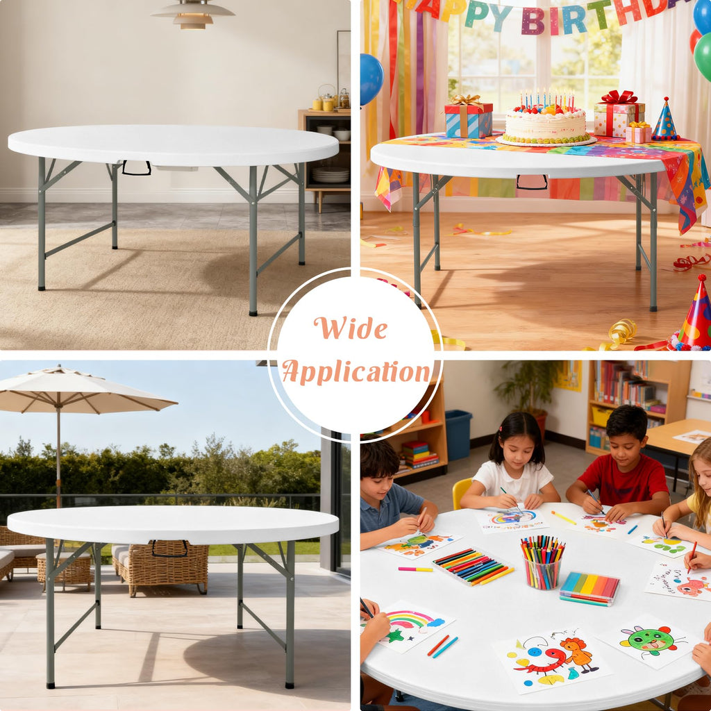 6 FT Round Folding Tables with Carrying Handle 72 inch Heavy Duty Portable Plastic Commercial Table Steel Legs for