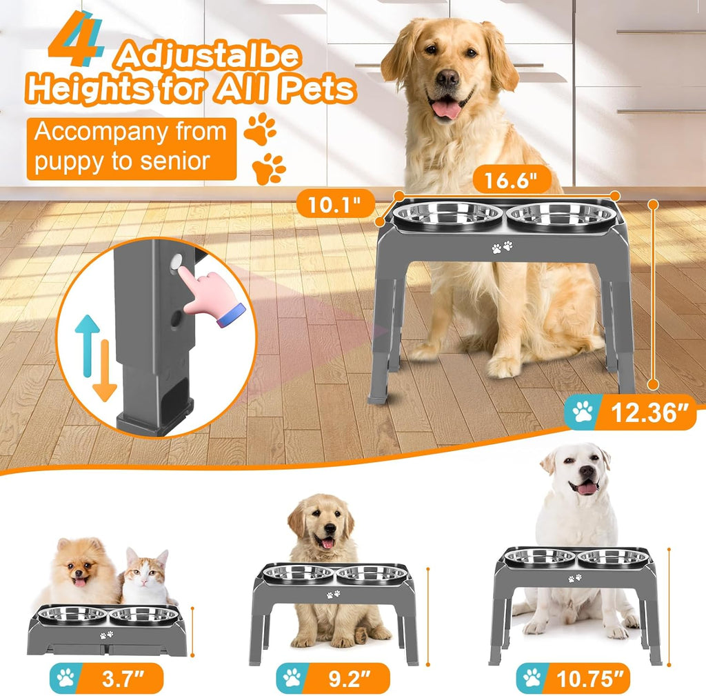 Elevated Bowls, 4 Height Adjustable Raised Stand With 2 Thick 50oz Stainless Steel Food Bowls, Non-Slip Feeder