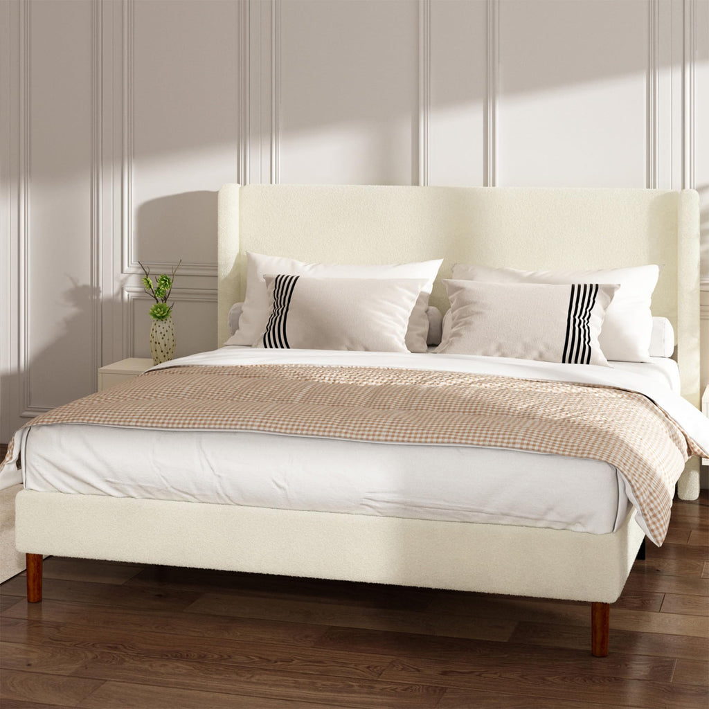 King Bed Frame, Boucle Upholstered Platform Bed with Iron & Wood, Beige