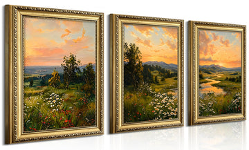 Gold Framed Vintage Landscape Wall Art Set of 3, Sunset Wildflower Meadow Picture Wall Decor, Rustic Farmhouse Nature