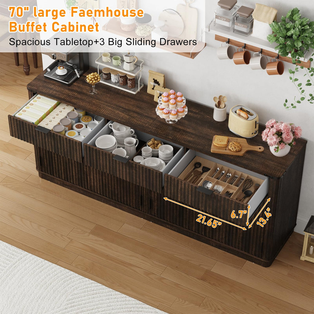 70" Rounded Edge Large Sideboard Buffet Cabinet with 3 Storage Drawers, Farmhouse Kitchen Fluted Sideboard Cabinet w 4