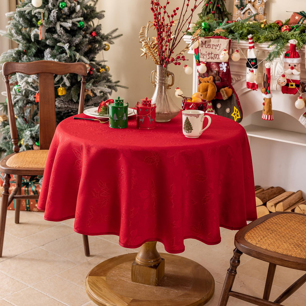 Red Christmas Tablecloth, Jacquard Fabric Winter Poinsettia Round Table Cloth, Countryside Waterproof Kitchen Dining