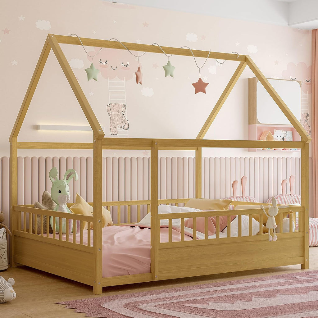 Montessori Floor Bed with High Fence, Roof and Door, Wood Montessori Bed, House Beds for Kids