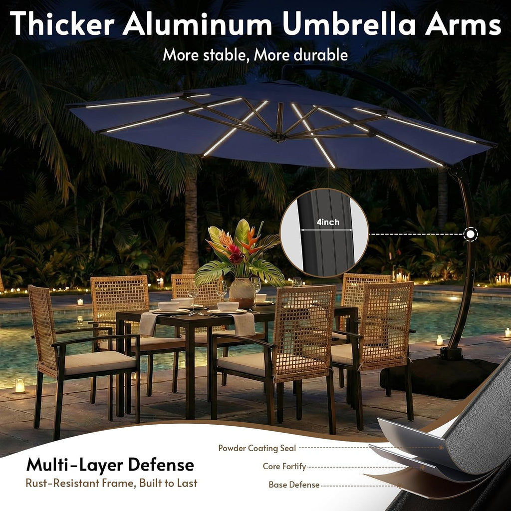 11FT Solar Powered LED Light Cantilever Patio Umbrella with Base Included, Large Cantilever Umbrella with 360°Rotation