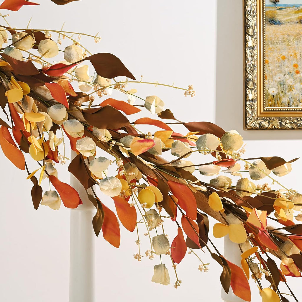 Fall Decor, Fall Garland with Lights, 6FT Autumn Eucalyptus Leaves Lighted Garland Thanksgiving Harvest Festival - Set of 6