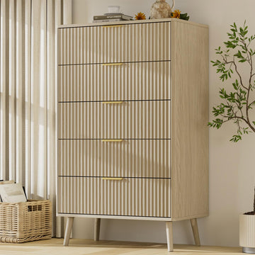 Beige 5 Drawer Dresser, 45" Tall Modern Chest of Drawers with Fluted Panel, Curved Profile Design, Metal Handles