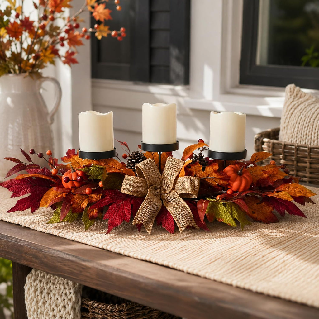 26 Inch Fall Candle Holder Centerpiece with Pumpkins and Burlap Bow | 3 Black Candle Cups with Maple Leaves, Mini