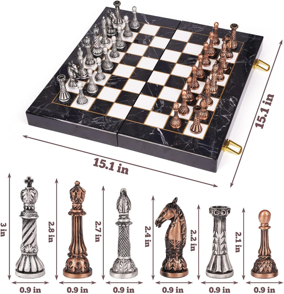 Retro Metal Chess Set for Adults and Kids - Marbling Chess Board with Chess Pieces - Travel Chess Set with Metal - Set of 32