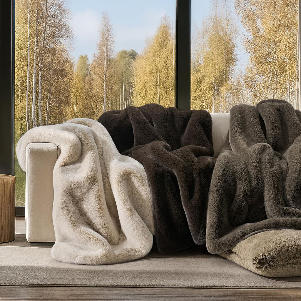 Faux Chinchilla Fur Throw Blanket, 50"x60", Birch Mink | Luxury, Super Soft, 1220GSM, Fluffy Cozy Mink, Reversible