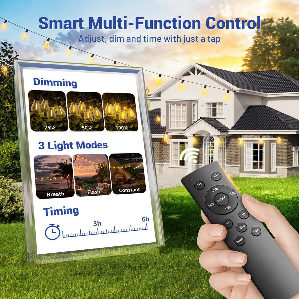 Outdoor String Lights with Remote & Dimmable, 72+2 Shatterproof Waterproof Bulbs, Dimmable Outside Hanging