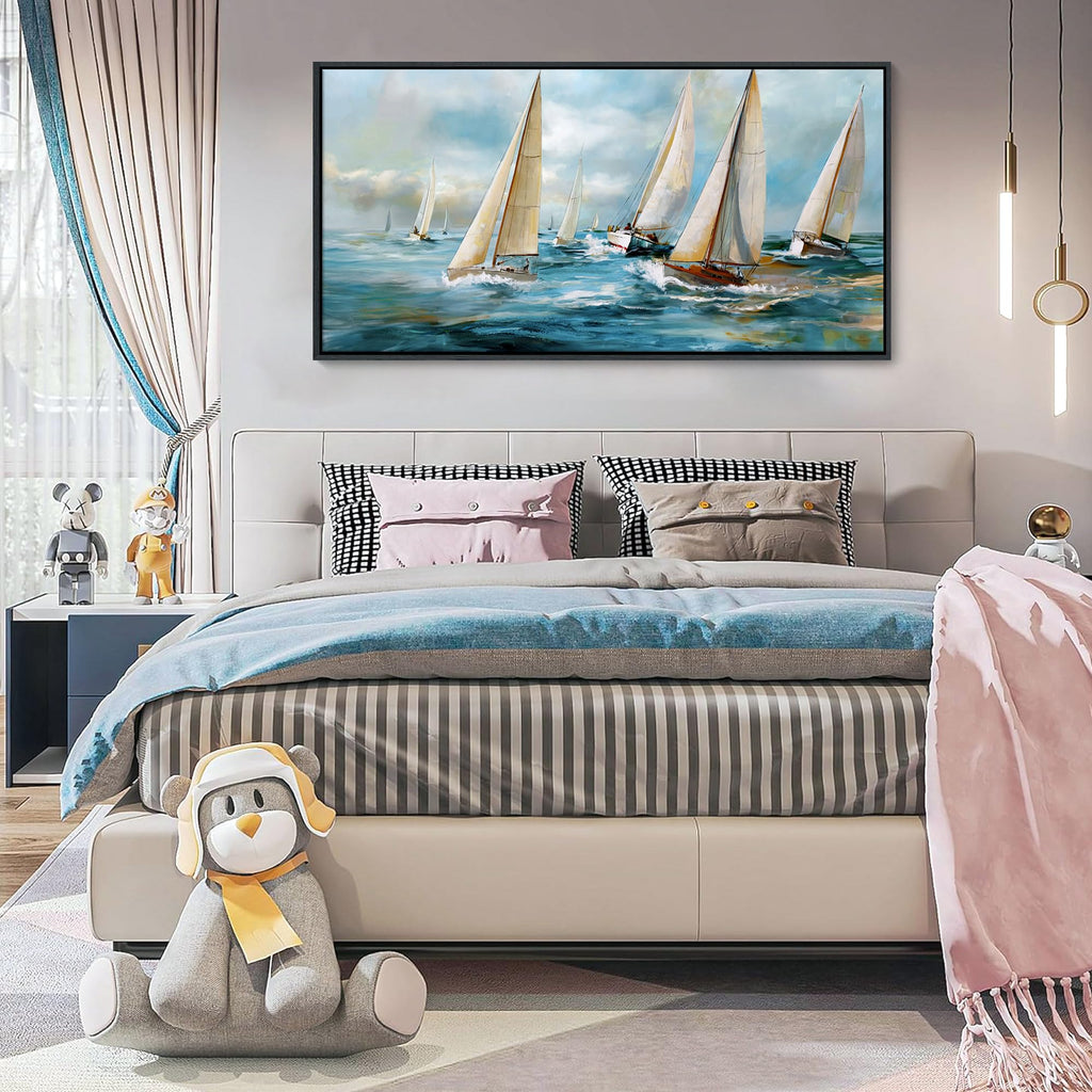 Sailboat Wall Art - Blue Canvas Retro Painting Textured Picture Artwork Vintage Nautical Large Painting Coastal