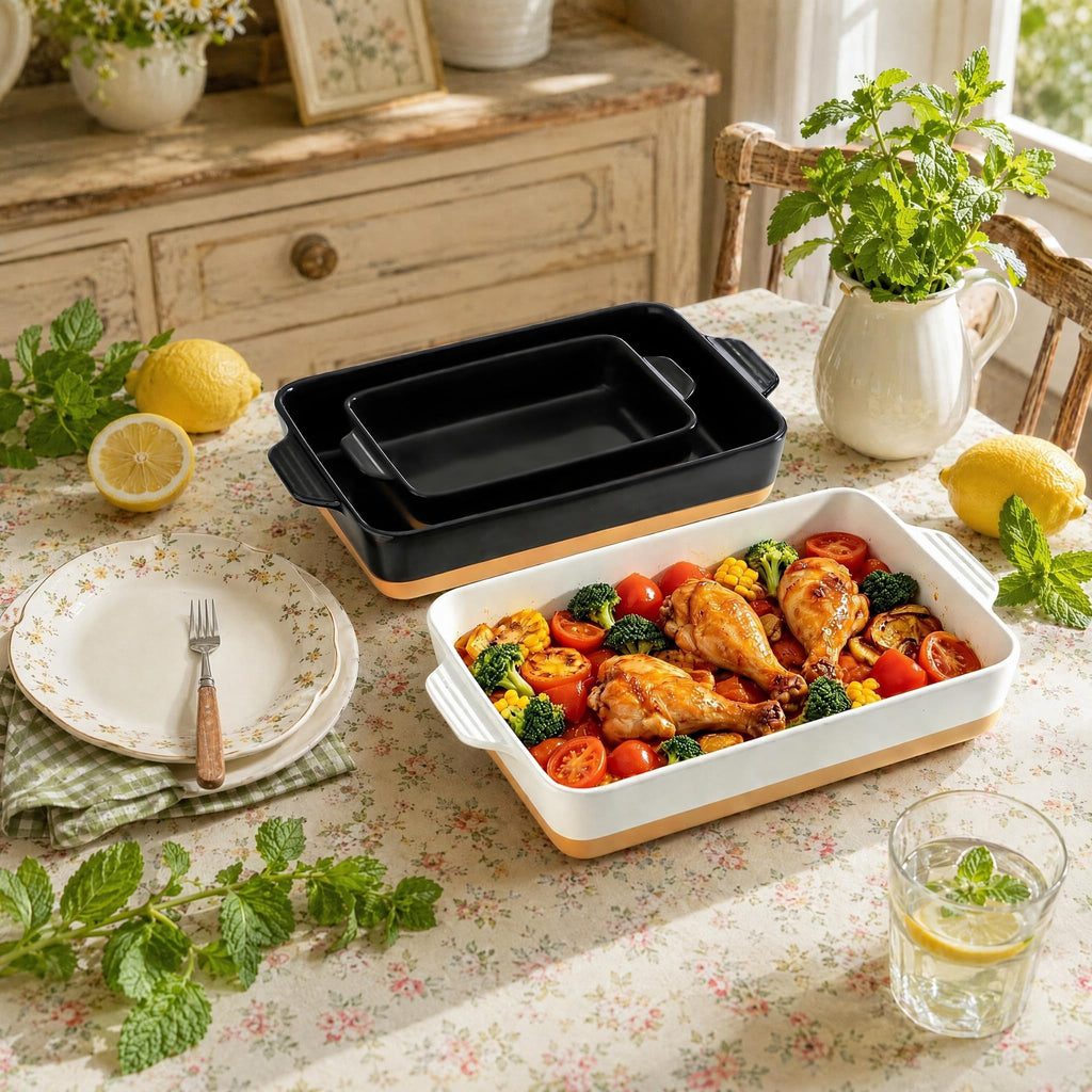Ceramic Baking Casserole Dish with Handles, Large 9x13 inch Pan and Middle Baking Pan - Porcelain Serving Bakeware